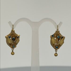 Gold-Tone Floral Drop Earrings with Blue Accents